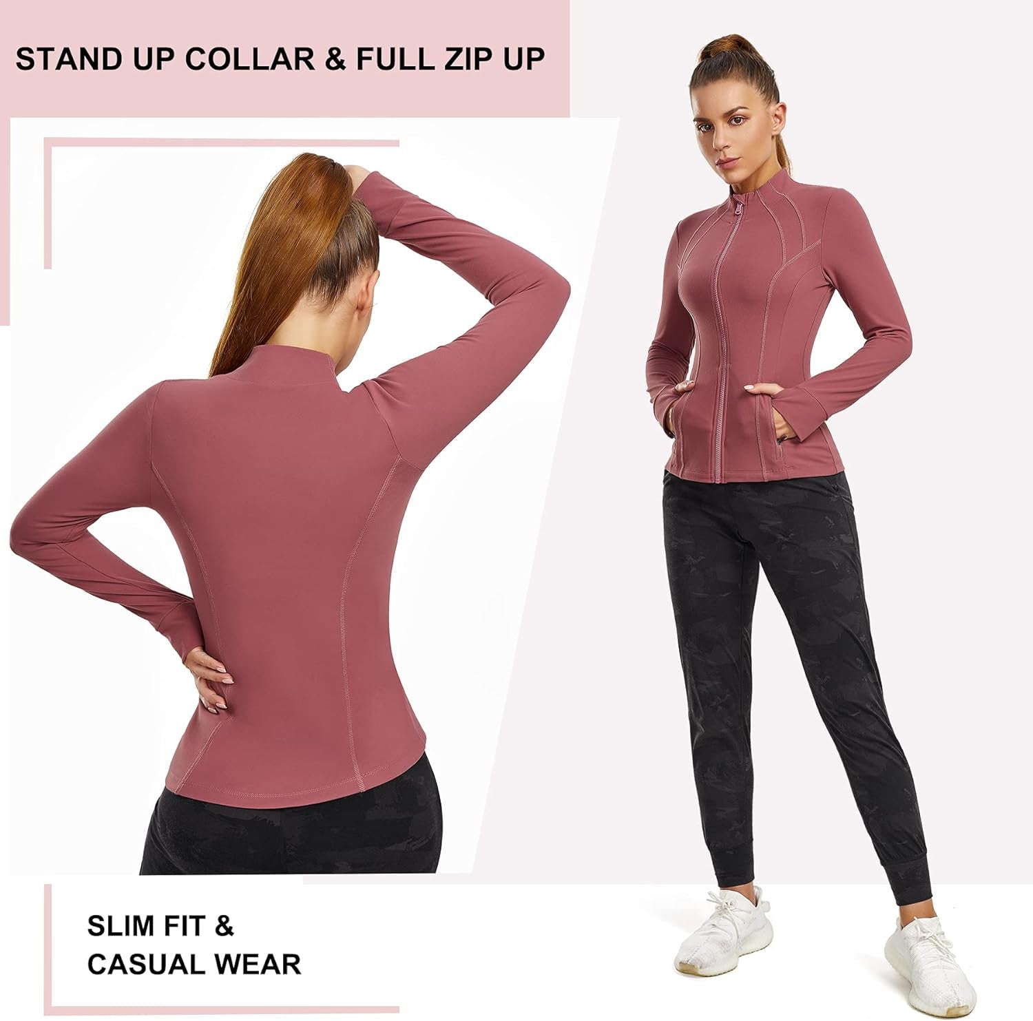 Women'S Sports Jacket Full Zip Workout Running Jacket Slim Fit Long Sleeve Yoga Track Jacket with Thumb Holes (Pink, Medium, M)