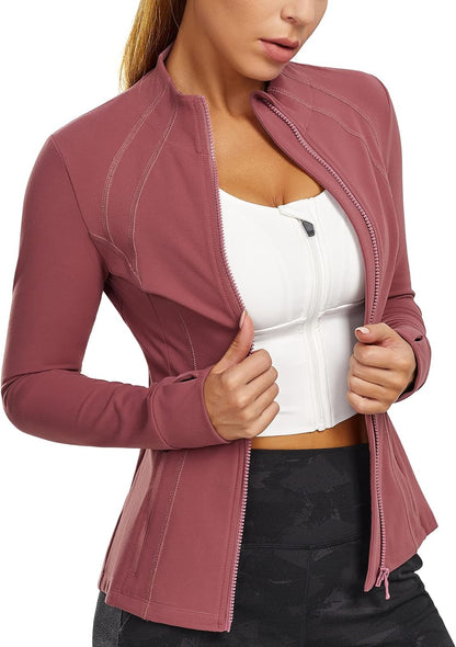 Women'S Sports Jacket Full Zip Workout Running Jacket Slim Fit Long Sleeve Yoga Track Jacket with Thumb Holes (Pink, Medium, M)